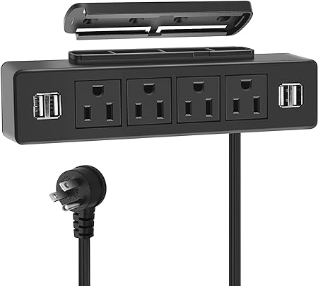 Black 9.85FT Cord Under Desk Power Strip, Adhesive Wall Mount Power Strip with USB,Desktop Power Outlets, Removable Mount Multi-Outlets with 4 USB Ports, 4 AC Plugs for Home Office Reading