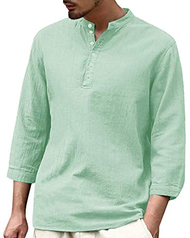 Mens Long Sleeve Henley Shirt Cotton Linen Beach Yoga Loose Fit Henleys Tops