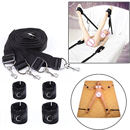 Under Bed Bondage Straps Extra-Strength Leg Restraint Harness Straps Kit with Handcuffs Ankle Cuffs Bondage Game Toy Set for Women Couples (Black)