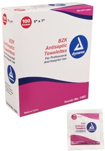 Dynarex BZK Antiseptic Towelettes, 5 x 7, Box of 100