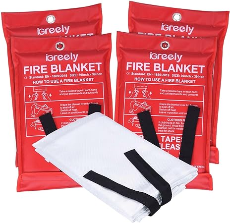 iGreely 4 Pack Fire Blanket, Fiberglass Fire Emergency Suppression Blanket for Kitchen Home Camping Car Office School Welding Warehouse Survival Safety 39” x 39”