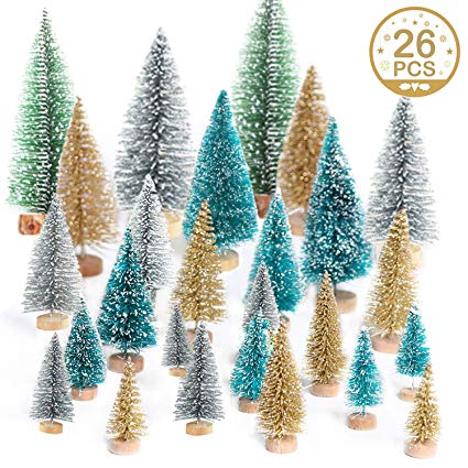 Jolik 26 Pcs Mini Artificial Christmas Trees Frosted Sisal Trees for Christmas Table Décor, 5 Sizes, 4 Colors