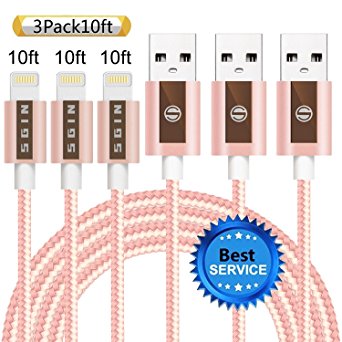 iPhone Cable SGIN, 3Pack 10FT Nylon Braided Cord Lightning Cable Certified to USB Charging Charger for iPhone 7,7 Plus,6S,6s Plus,6,6plus,SE,5S,5,iPad,iPod Nano 7 - Rose Gold