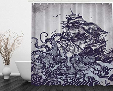 Ambesonne Kraken Shower Curtain Sail Boat Waves and Octopus Old Look Home Textile European Style Bathroom Decoration Decor Peculiar Design Hand Drawing Effect Fabric Shower Curtains (Blue)