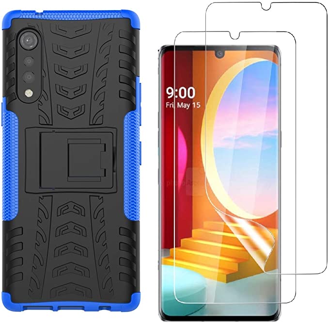 LG Velvet 5G Case, LG Velvet Case with Screen Protector, Yiakeng Shockproof Silicone Protective with Kickstand Hard Phone Cover for LG Velvet (Blue)