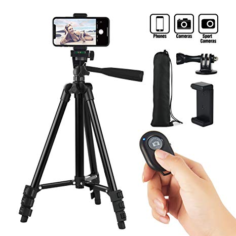 Hitch Phone Tripod 42 Inch 106cm Aluminum Lightweight iPhone Tripod for Apple Samsung Huawei Smartphone, Camera with Bluetooth Remote Control, Carrying Bag and Gopro Mount (Black)