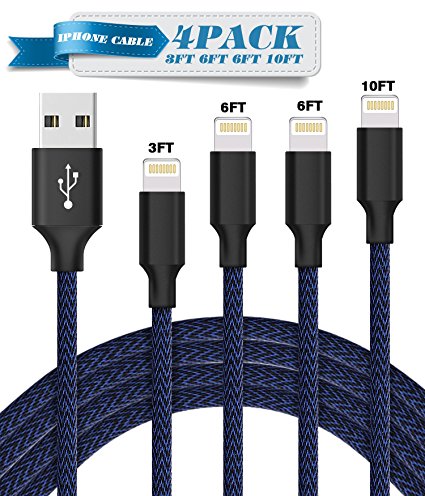 Nutmix iPhone Cable 4Pack 3FT 6FT 6FT 10FT Nylon Braided Certified Lightning to USB iPhone Charger for iPhone X/8/8 Plus/7/7 Plus/6/6 Plus/6S/6S Plus,iPad,iPod Nano 7 - Blue