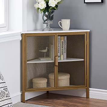 VECELO 3-Tier Corner Shelf, Metal Frame Storage Cabinet Organizer with Ventilation Protection Door for Bedroom/Living Room/ Kitchen,Gold