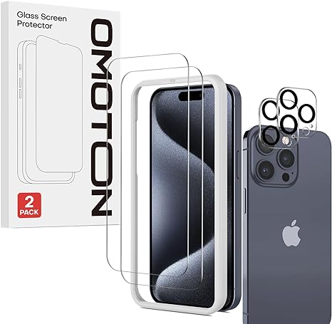 OMOTON Screen Protector for iPhone 15 Pro with Camera Lens Protector, Easy Installation Tool, Premium Tempered Glass Film for iPhone 15 Pro, Anti-Scratch, 9H Hardness, HD Clear, 2 2 Pack