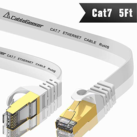 CableGeeker Cat7 Shielded Ethernet Cable 5ft (Highest Speed Cable) Flat Ethernet Patch Cable Support Cat5/Cat6 Network,600Mhz,10Gbps - White Internet Cable for Router Xbox Modem