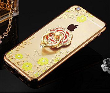IKASEFU Luxury Bling[Yellow Flower Rose Flower Ring Support]Gold Frame Rhinestone Transparent Clear Case Cover for iPhone 6 Plus/6S Plus 5.5"-Gold,Yellow Flower