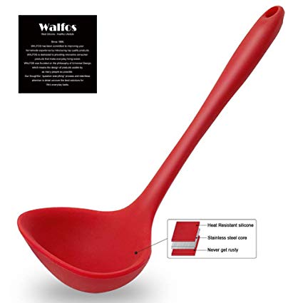 WALFOS Premium Silicone Soup Ladle Spoon- High Heat Resistant Non-Stick Silicone Ladle - Strong Stainless Steel Core- One Piece Design - BPA Free & Food Grade for Serving Soup & More