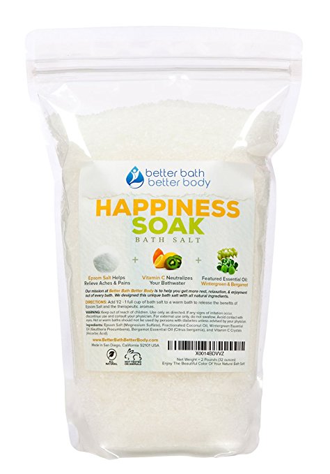 Happiness Bath Salt 2-Lbs (32 Ounces) - Epsom Salt Bath Soak With Wintergreen & Bergamot Essential Oil & Vitamin C - Aromatherapy To Inspire Happy Feelings - All Natural No Perfumes No Dyes