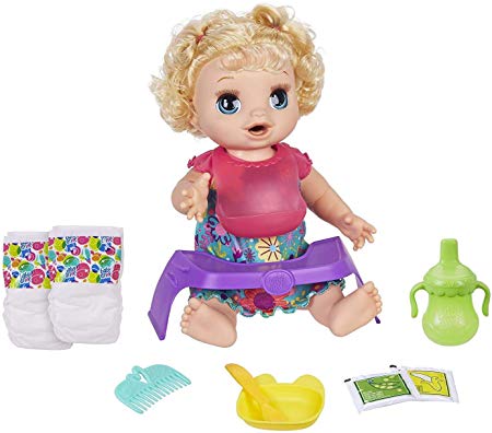 Baby Alive Happy Hungry Baby Blond Curly Hair Doll, Makes 50  Sounds & Phrases, Eats & Poops, Drinks & Wets, for Kids Age 3 & Up