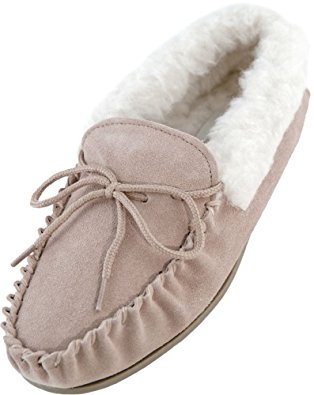 Lambland Womens / Ladies Genuine Suede Sheepskin Moccasin Slippers with PVC Sole