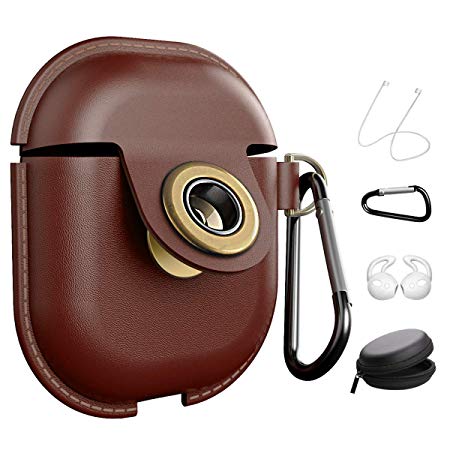 AirPods Case Leather, AirPods Cover Accessories Keychain Protect Waterproof Retro Cases Compatible Apple AirPods (Brown)