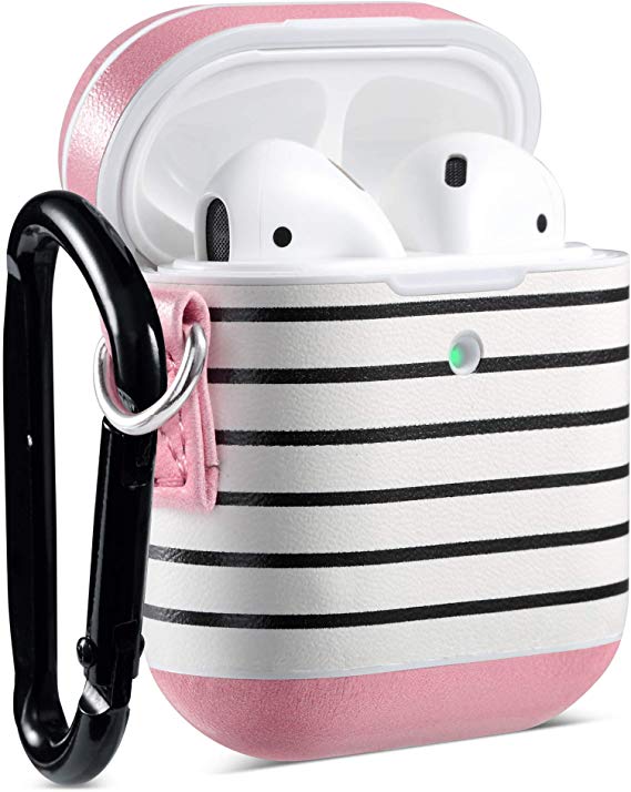 ULAK AirPods Case, Cute Stripe Protective Hard PC with PU Leather Upgrade Skin, Portable Shockproof AirPod Accessories with Keychain for 2019 Apple AirPod 2 & 1 Charging Case[LED Visible](Pink Stripe)