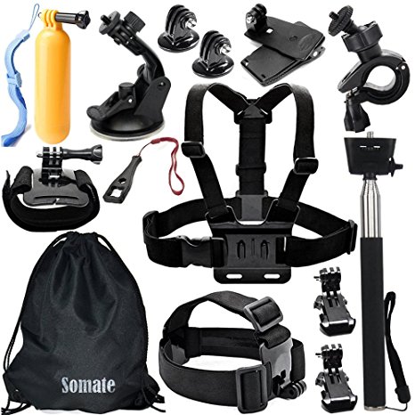 Somate 14-in-1 Essential Accessory Kit Accessories Bundle Set for Gopro Hero 4 Hero4 Session Hero 3 /3/2/1 Silver Black;Xiaomi Yi;SJ4000 SJ5000 SJ6000 SJ7000;DBPower EX5000;Rollei&ThiEYE Action Camera