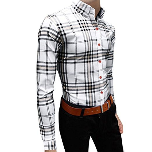 Pishon Men's Plaid Shirts Button Up Long Sleeve Cotton Casual Collared Shirts