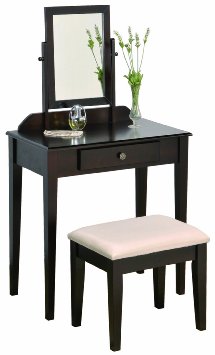Crown Mark Iris Vanity Table/Stool, Espresso Finish with Beige Seat