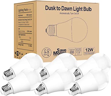 Torkase Outdoor Dusk to Dawn Light Bulbs, 12W(100W Equivalent), E26 3000K, Built-in Photocell Detector, Automatic On/Off, Smart Sensor LED Lighting Bulb for Porch Hallway Garage Boundary-6 Pack
