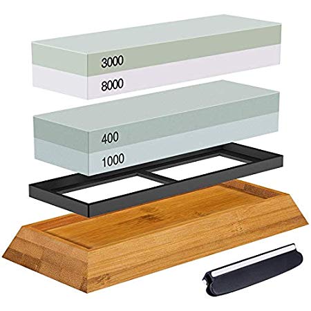 SODIAL Sharpening Stone Set, Whetstone 2-in-1 400/1000 3000/8000 Grit, Waterstone Wooden Holder and Knife Guide Included