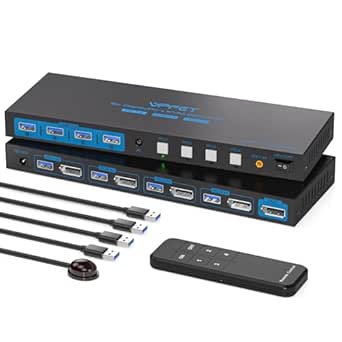 8K@60Hz DisplayPort KVM Switch 4 Computers 1 Monitor USB3.0 4K120Hz 4 Ports DP KVM Switches 4 in 1 Out for 4 Computers Share 1 Monitor and Keyboard Mouse etc. with 4 USB Cable and Wireless Controller