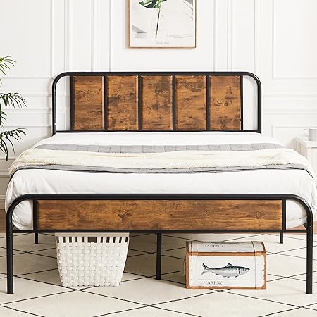 VECELO Full Size Platform Bed Frame with Wood Headboard/Mattress Foundation/Premium Steel Slats Support/No Box Spring Needed,Brown(Industrial)