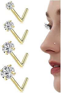 LOLIAS 14K Gold Filled Nose Studs 316L Surgical Steel Gold Nose Rings Studs 6A CZ Simulated Diamond Corkscrew L Shaped Nose Piercing Hypoallergenic Nose Rings for Women Men 20G