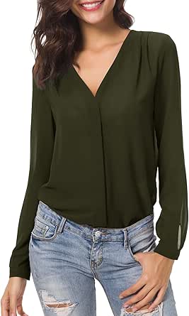 Urban CoCo Womens V Neck Ruffled Shoulder Business Causal Chiffon Blouse Button Down Shirts