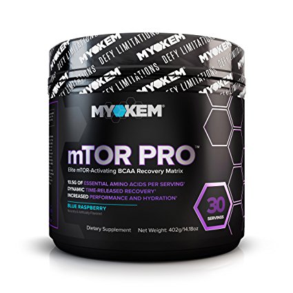 Myokem mTOR PRO Post / Intra Workout BCAA Amino Acid Supplement - Muscle Recovery Drink with BCAAs, EAAs, Leucine, Valine, Isoleucine, Electrolytes and More - Blue Raspberry, 30 Servings