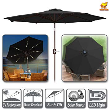 Strong Camel 9ft Solar Lighted Patio Umbrella 40 LED Light Market with Tilt and Crank Parasol Table Round Light Umbrella Sunshade (Black)