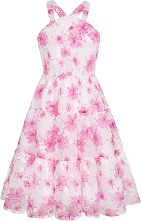 GRACE KARIN Girls Off Shoulder Dress Sleeveless Floral Swiss Dots Casual Spring Summer Midi Dress 5-14Y