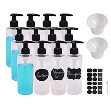 BPFY 12 Pack 8 oz Plastic Pump Dispenser Bottles for Massage Oil, Shampoo, Lotions, Body Wash Pump Bottles, Hand Sanitizer Refillable Containers With Pump, 2 Funnel, 18 Chalk Labels, 1 Pen