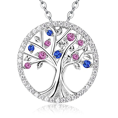 October Birthstone Pink Tourmaline and Blue Sapphire Pendant Necklace Tree of Life Jewelry Gifts for Lady Sterling Silver Charm & 18" 2" Chain