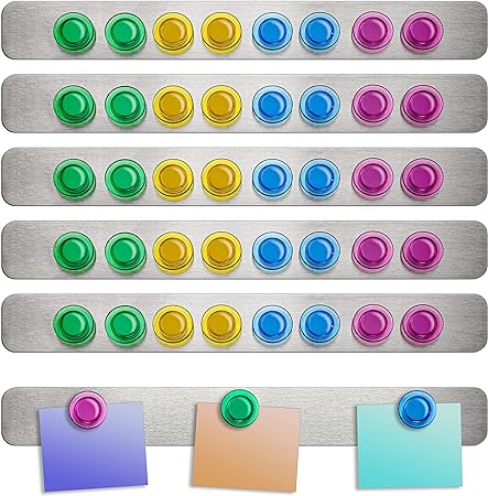 Set of 6 – Self Adhesive Frameless Stainless Iron Magnetic Bulletin Strips, Metal Strip for Magnets, Magnetic Bulletin Board, Magnetic Bulletin Bar, 48 Strong and Colorful Magnetic Buttons