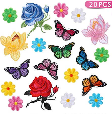 Kissbuty 20 Pcs Flowers Butterfly Iron on Patches Sew on Embroidery Applique Patches for Arts Crafts DIY Decor, Jeans, Jackets, Clothing, Bags(Rose/Lotus/Sun Flower/Butterfly Decorative Patch)