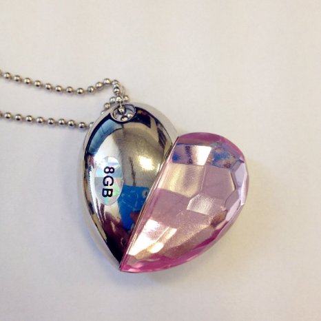 VAFRU 8GB Shiny Crystal Heart Shape USB Flash Drive with Necklace,light pink