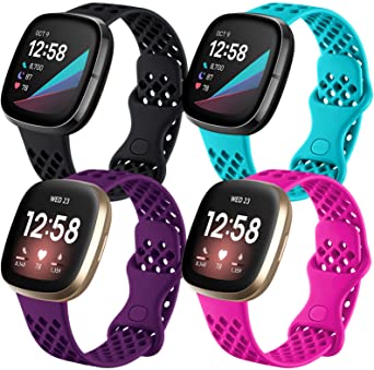 Maledan Compatible with Fitbit Versa 3 and Sense Bands for Women Men, Breathable Sport Band Replacement Wristbands Accessories Waterproof Watch Strap with Air Holes, 4-Pack