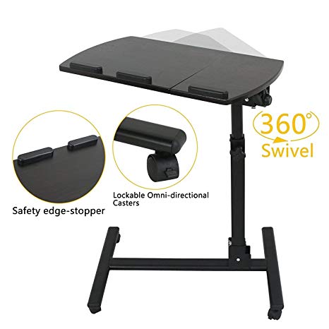 Tiltable Overbed Bedside Table with Wheels - Laptop Stand Rolling Bed Tray Table - Bedside Computer Adjustable Bed Table - Over The Bed Table