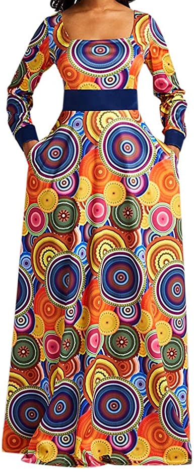 VERWIN Square Neck Print Long Sleeve High Waist Geometric Evening Dress Color Block Wrap Maxi Dress