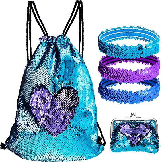 Tatuo 5 Pieces Sequin Mermaid Set Sequin Drawstring Backpack Purses Headband