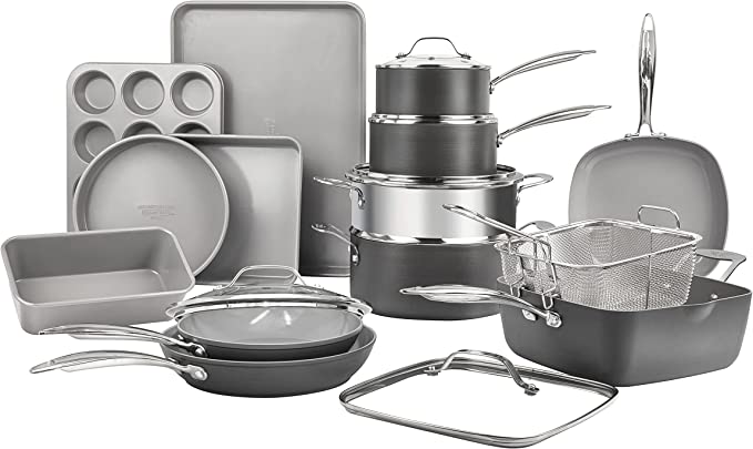 Granitestone Pro Pots and Pans Set 20 Piece Hard Anodized Complete Cookware   Bakeware Set with Ultra Nonstick Chalk Coating - Stainless Steel Stay Cool Handles Oven Dishwasher & Metal Utensil Safe…