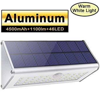 1100lm 4500mAh 46 LED Aluminum Silver Solar Outdoor Light 120° Infrared Motion Sensor Waterproof IP65 Wireless Security Light with 4 Intelligent Modes for Garden, Street, Patio, Fence Warm White Light