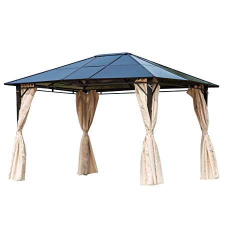 Outsunny 10' x 12' Outdoor Steel Frame Gazebo with Semi-Transparent Clear Plastic Hardtop Roof and Removable Curtains