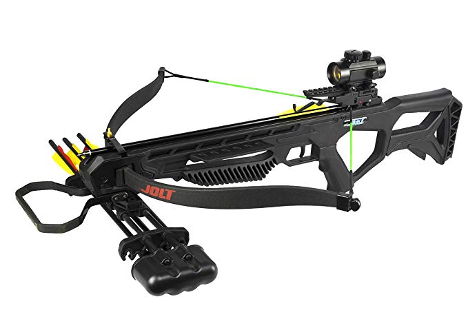 PSE Archery Jolt Hunting Crossbow Package – Recurve Limbs - 175 lb Draw Weight – Red Dot Scope – Rubber Coated Foot Stirrup – 250 FPS – Zombie Green Strings