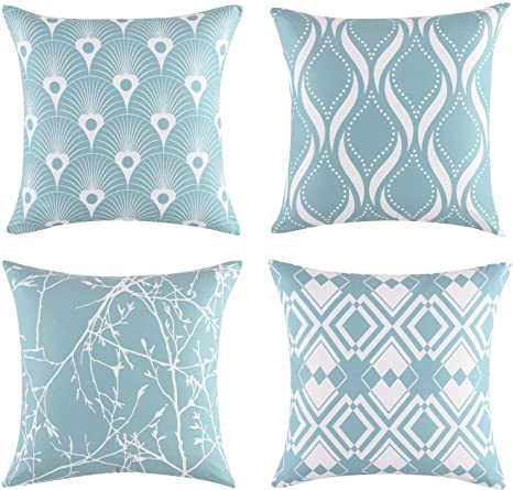 EXQ Home Square Throw Pillow Covers 20x20 Set of 4,Decorative Pillows for Couch,Living Room,Outdoor,Sofa,Polyester Print Summer Farmhouse Pillow Covers with Hidden Zipper（Teal Blue）