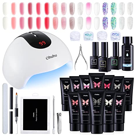 Poly Nail Gel Kit with 36W UV/LED Lamp, Ohuhu 12 Colors Nail Gel Kit Enhancement Builder with 1 Temperature Color Changing, 4 Glitter Colors and 7 Regular Color Kit for DIY Girls Jelly Color Series