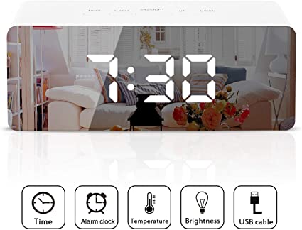 sanlinkee Digital Alarm Clock, Bedside Alarm Clocks with Snooze Time Temperature Mirror Surface Function LED Digital Clock for Office USB Powered & Battery Backup Powered