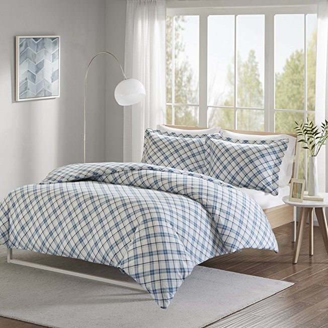 Comfort Spaces - Ultra Soft 100% Cotton Plaid Flannel Mini Duvet Cover Set - 3 Piece - Blue - Queen Size, Includes 1 Duvet Cover, 2 Shams